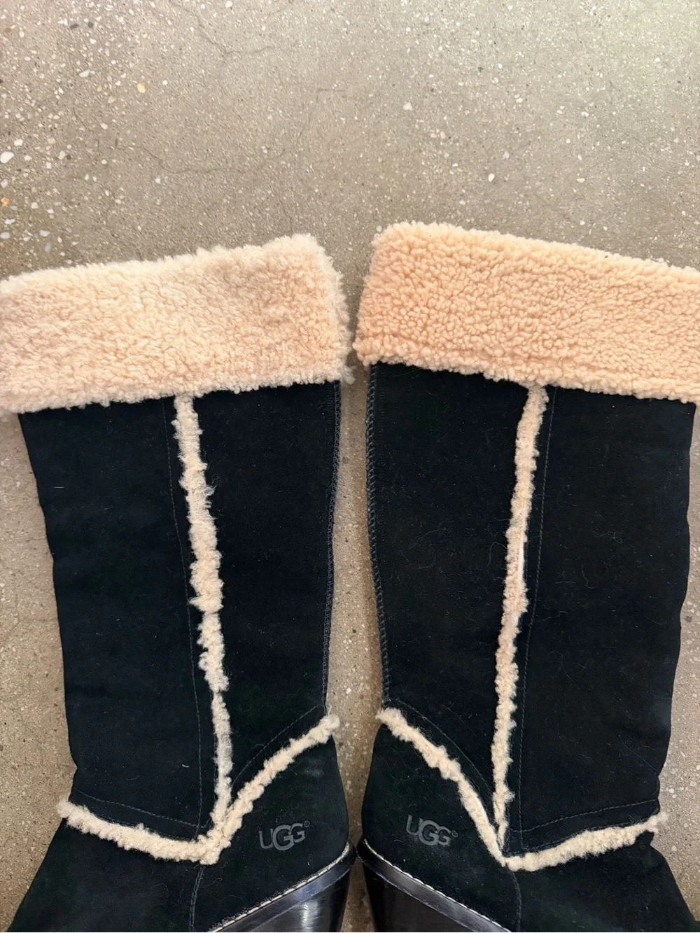 UGG Black Suede Wedge Boots with Cream Shearling Trim